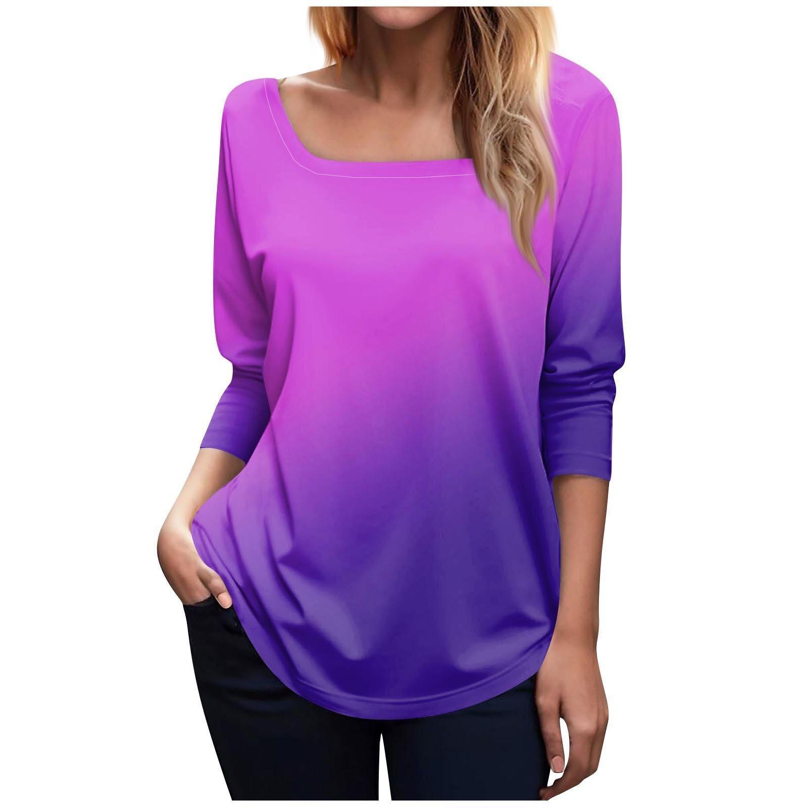 Женская модная футболка с квадратным вырезом и длинным рукавом с градиентным принтом — фото 10