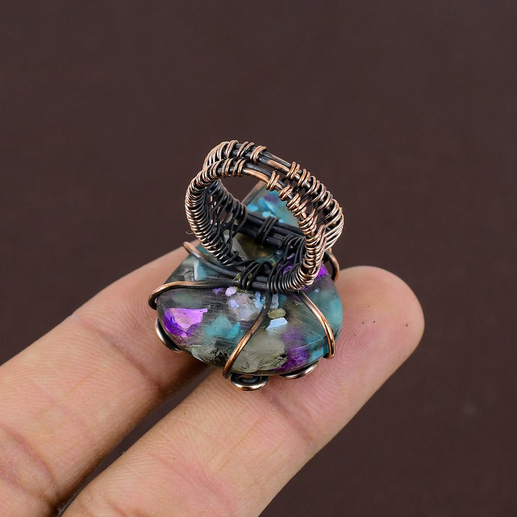 Natural Spiny Oyster Gemstone Handmade Copper Wire Wrap Ring Size 6.5 Q2z26