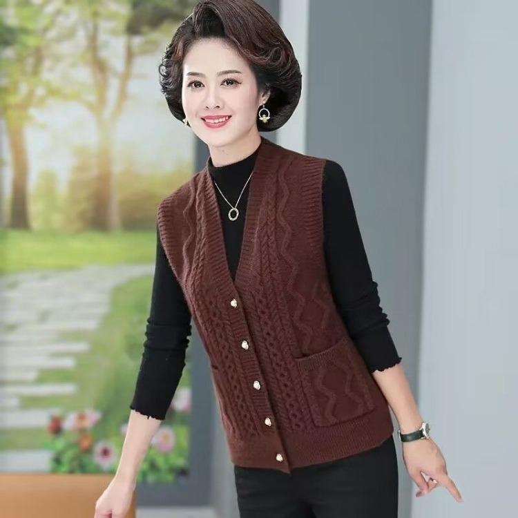 Mom Knitted Vest for Spring and Autumn V-neck Knitted Cardigan Vest for Middle-aged and Elderly Solid Color Vest