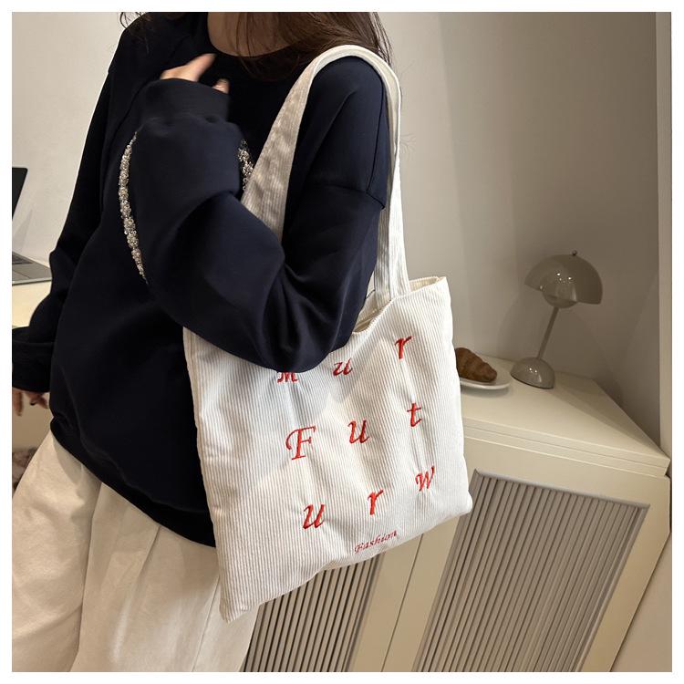 Korean Corduroy Embroidered Tote Bag for Students - Artistic Autumn/Winter Design