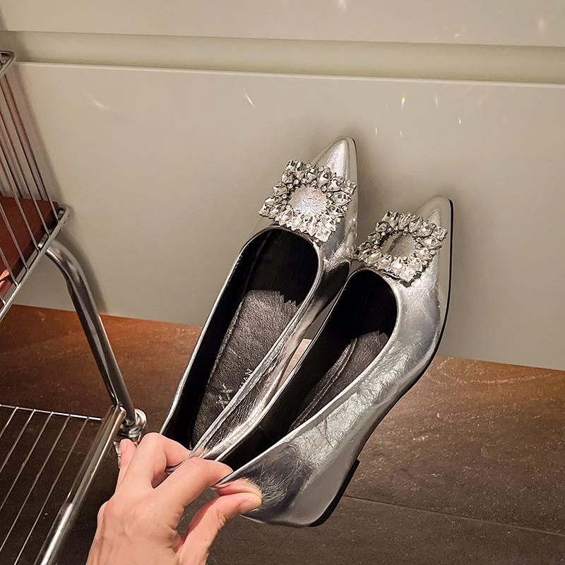 Woodpecker Silver Rhinestone Pointed Mary Janes - Women's Hidden Heel Slip-On for Autumn 2025