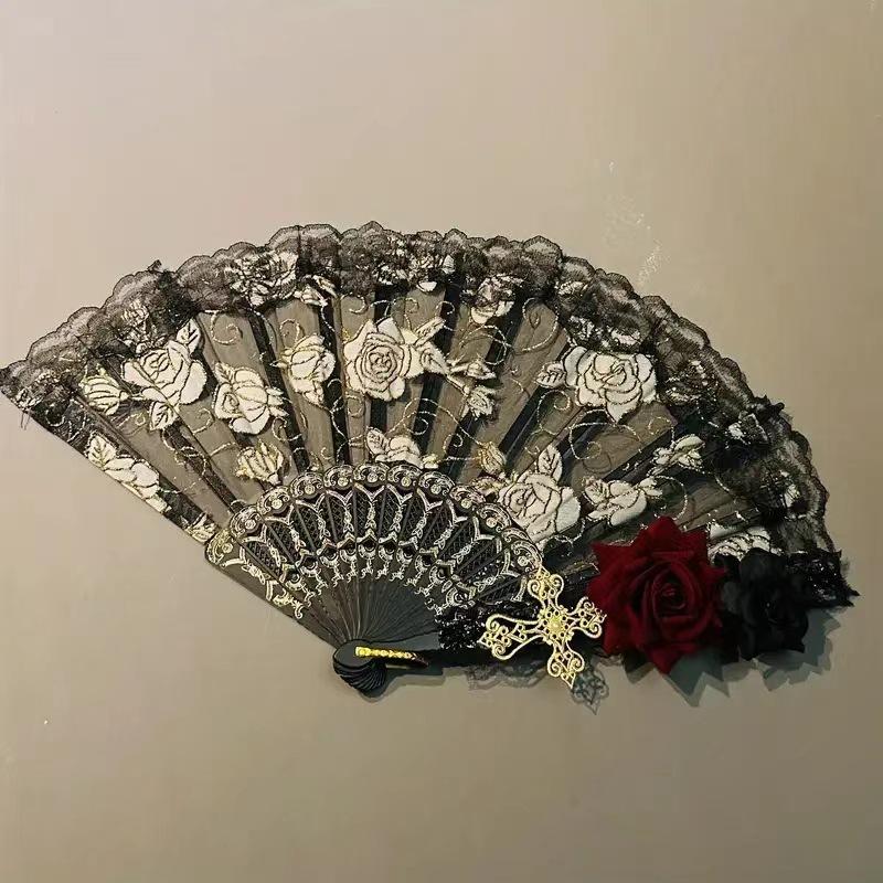 New Lolita Lace Folding Fan, Gorgeous Retro European Rose Fan, Tea Party Dark Style, Anime Expo Cosplay Prop