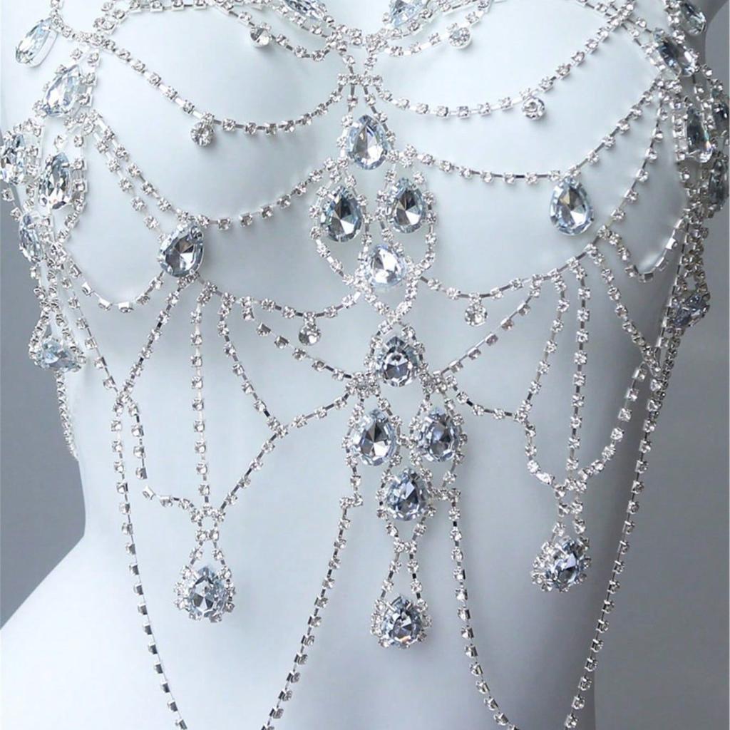 European And American Rhinestone Multi-Layer Chest Chain, Fashionable Exaggerated Niche Chest Accessories Women'S Dress Body Chain Accessories