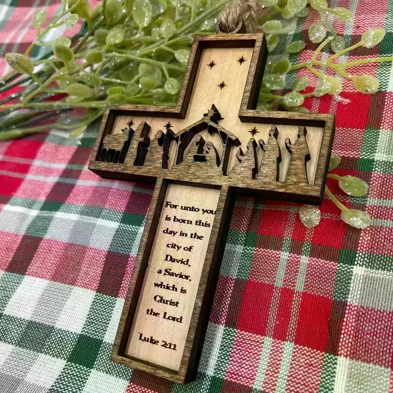 3D Nativity Scene Wooden Cross Ornament, Handmade Christmas Tree Decoration, Home And Religious Decoration