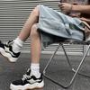 Men Denim Shorts Elastic Drawstring Waist Wide Leg Pockets Shorts with Straight Solid Color Casual Shorts Streetwear