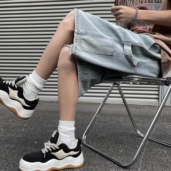 Men Denim Shorts Elastic Drawstring Waist Wide Leg Pockets Shorts with Straight Solid Color Casual Shorts Streetwear