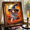 Pearl Painting DIY Kit Frameless Cute Witch Sitting On Swing Autumn Moon Pattern Shiny Bead Art Canvas Creative Wall Decor Gift Idea