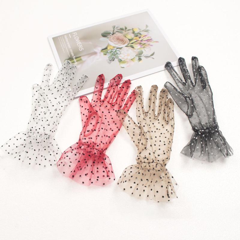 Mănuși Scurte Sexy Negre cu Buline Dantelă Respirabile Ciclism Protecție Solară Mănuși Mirese Nuntă Mănuși Subțiri Transparente