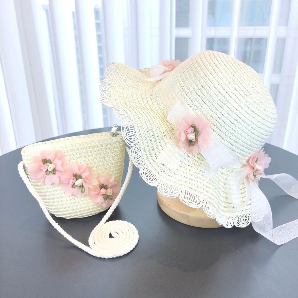 Solid Color Sun Hat Floral Style Fisherman Hat Trend Straw Hat Small Bag Set Fashion Accessory
