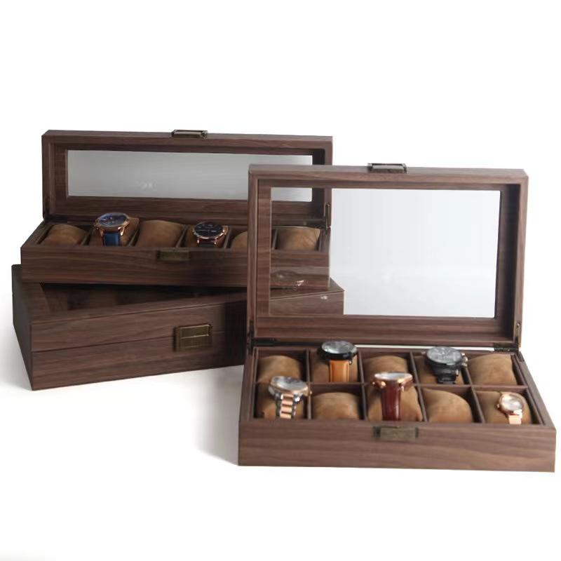 Dustproof Wood Grain Leather Jewelry Watch Box with Glass Display Top