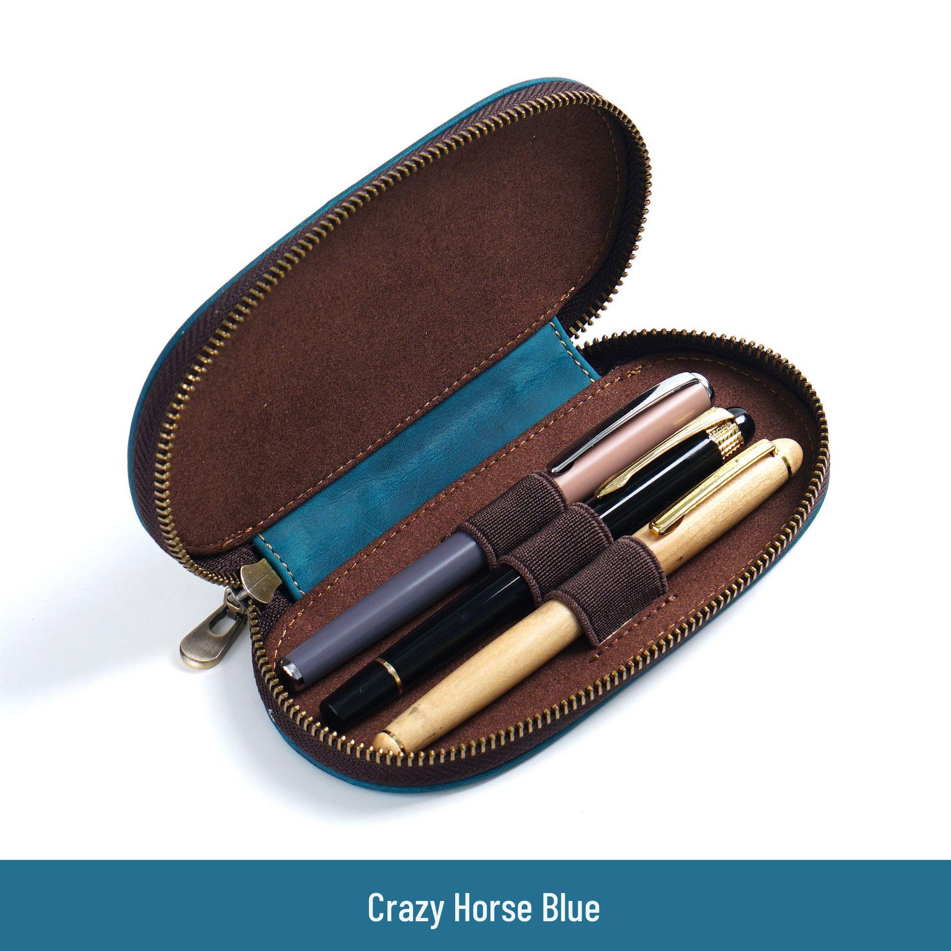 

Retro Handmade Crazy Horse Leather 3-Pen Oval Zipper Pencil Case синій