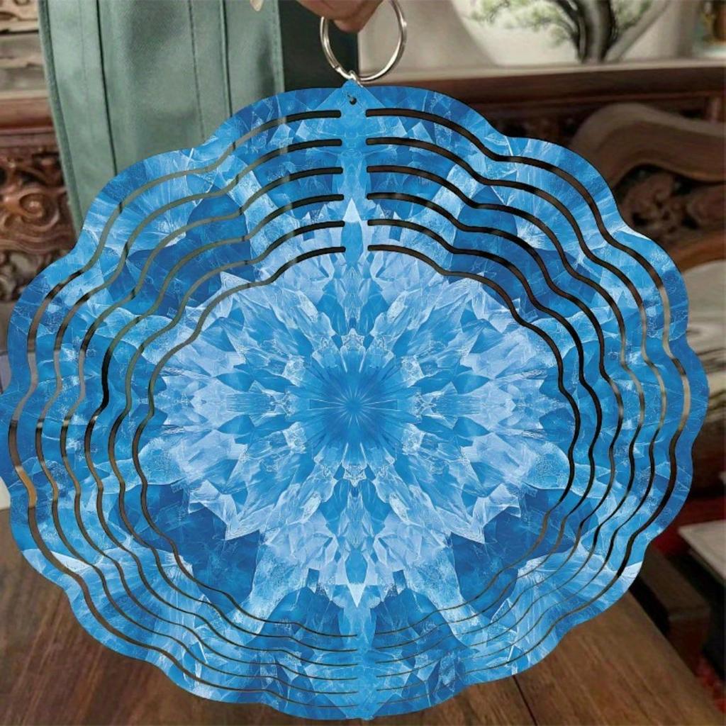 Blue White Metal Wind Spinner with Hanging Chain 2D Garden Art Sculpture for Outdoor Yard Patio Decor All Season Windmill Spinner