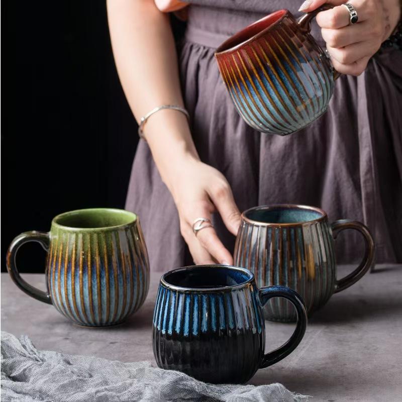 Japanese Style Vintage Ceramic Water Mugs with Handle Coffee Cup Large Capacity Household Office Breakfast Milk Tea Cup 500ML