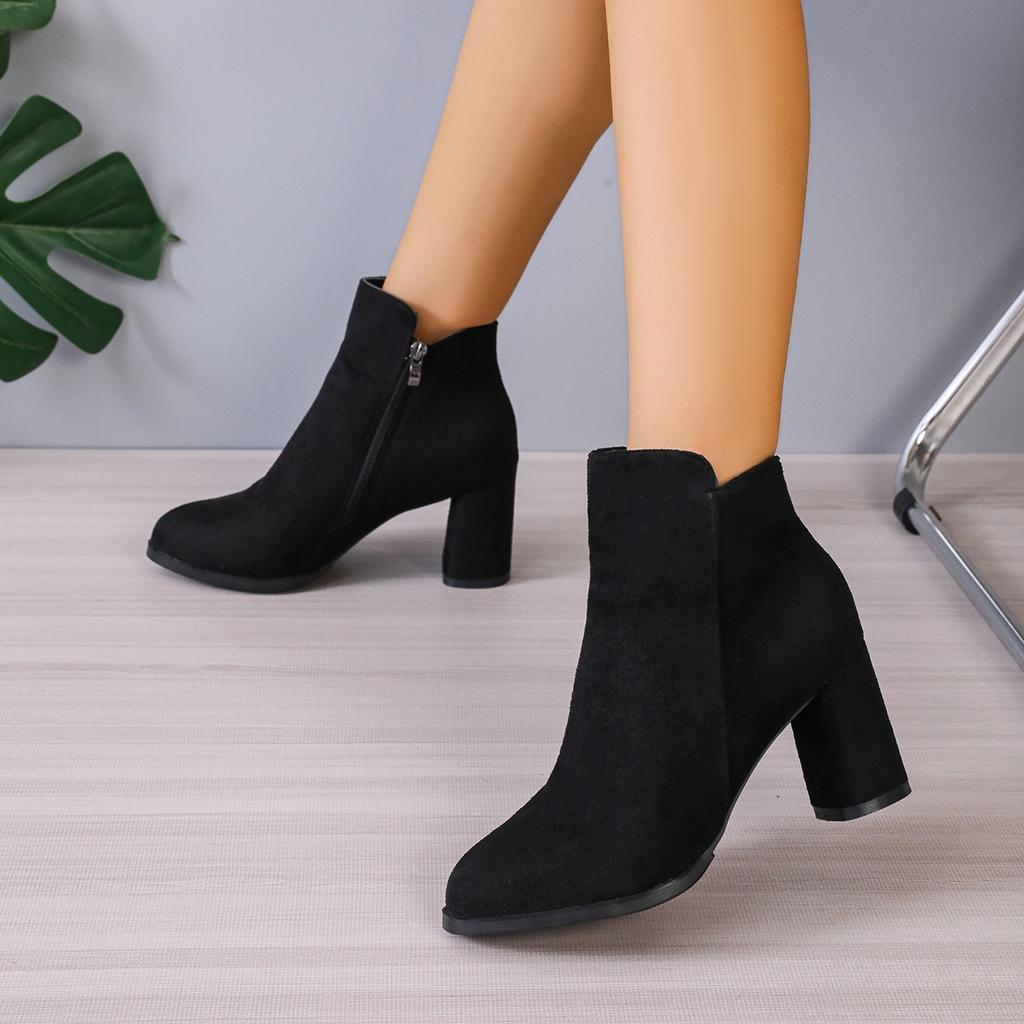 Fashion 2025 New Women Ankle Boots Fashion Pointed Shoes Women Side Zipper Stretch Middle Heel Large Size Short Boots Botas De Mujer