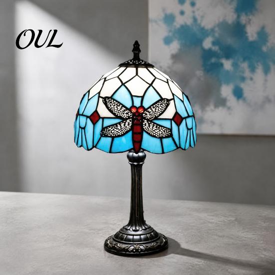 Tiffany Style Desk Light Dragonfly Stained Glass Table Lamp, Vintage Blue Bedside Night Light, Unique Housewarming Gift Decorative Atmosphere Lamp for