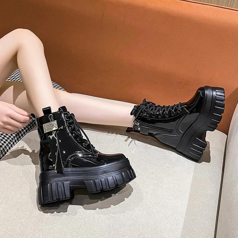 Women's High Platform Boots New Autumn Leather Shoes Woman Motorcycles Boots Women Wedge Heels Warm Ankle Boots Chunky Sneakers