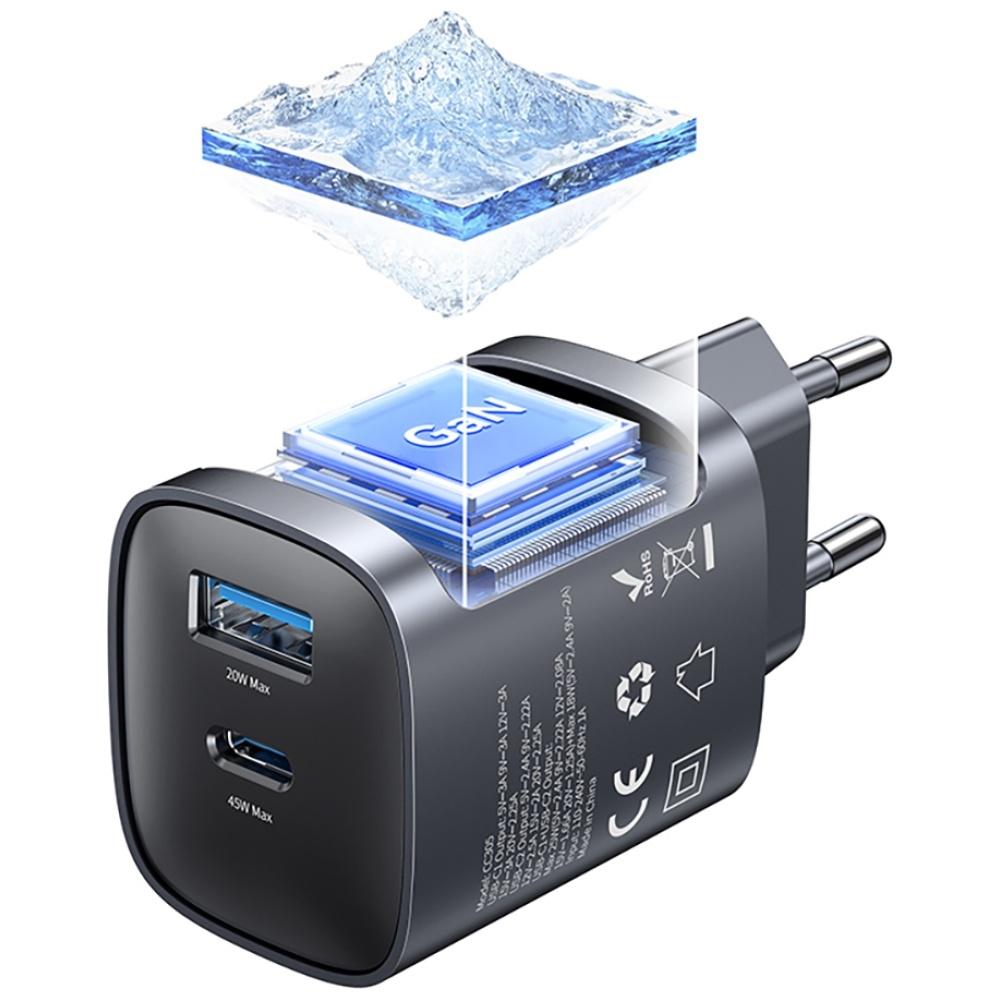 USAMS CC290 T66 45W GaN Wall Charger 1xUSB-A 1xUSB-C Silver