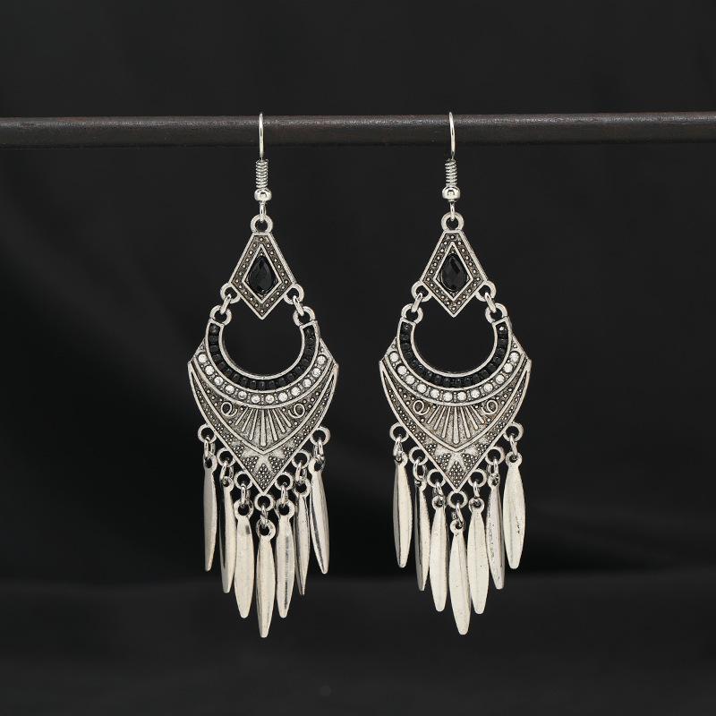 Vintage stone fringed earrings silver women's bohemian long personalized Tibetan temperament vacation earrings