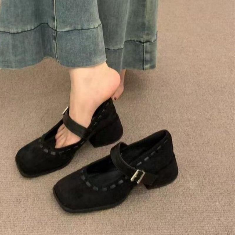 Vintage One Strap Block Heel Single Shoes Fashion Square Toe Shallow Mouth Soft Sole Non-slip Kitten Heels