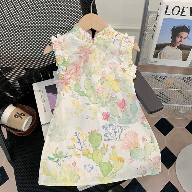 Girls Summer Thin Cheongsam Dress Kids Chinese Hanfu Tang Suit Princess Dress For Children 90cm