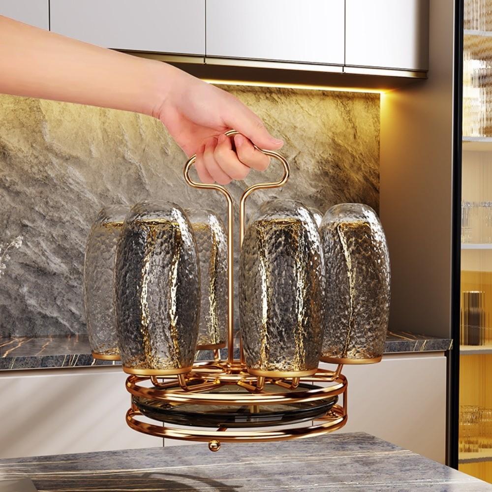 Large Capacity Cup Holder with Water Drain Tray 360° Rotation Glass Cup Storage Rack Bar