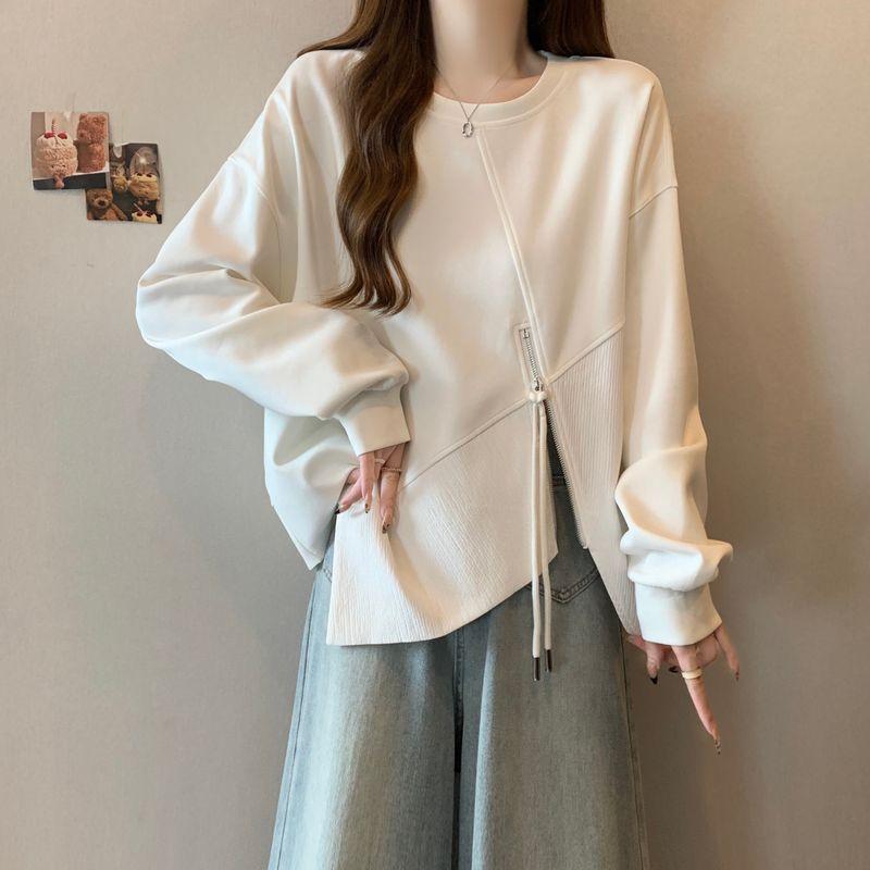 Women's Clothing Irregular Design Long-Sleeve Zipper Sweatshirt Female Spring & Fall Fat Sister Slim Looking Belly Covering Easiest for Match Tops