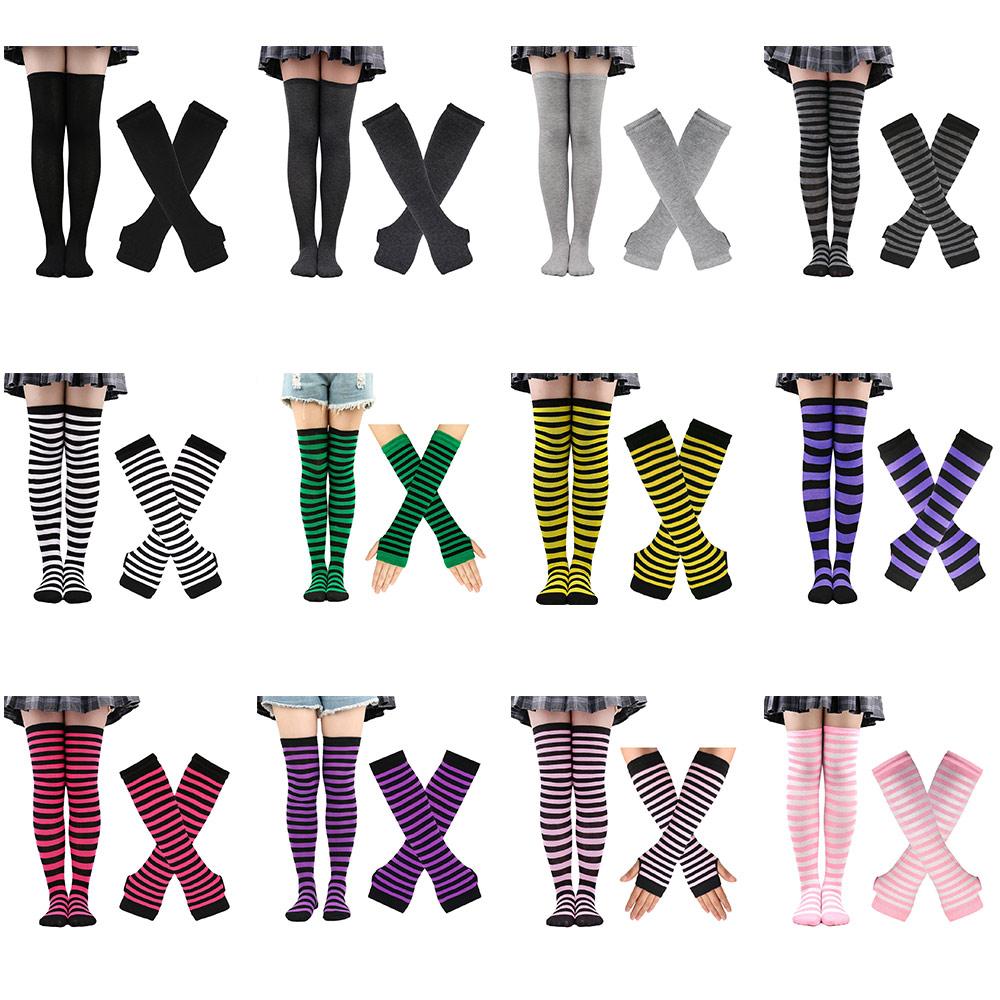 For Halloween Costume Y2K Lolita Fingerless Gloves Striped Thigh High Boot Socks  for Women