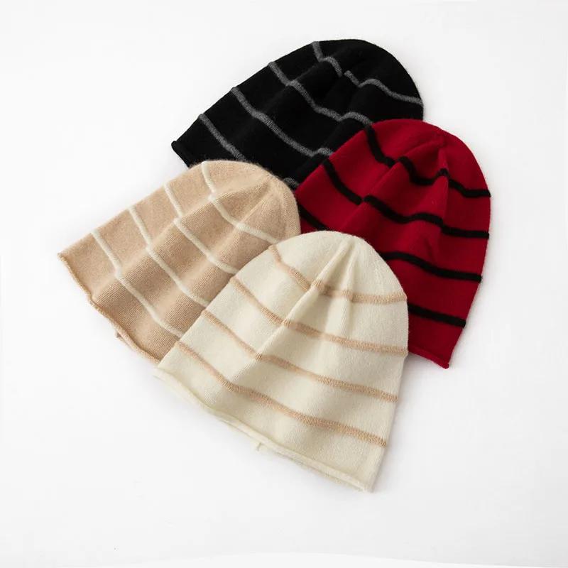 Women 100% Pure Cashmere Beanie Hat Striped Pattern Rolled Cuff Winter Warm Soft Slouchy Skullies Cap Cold Weather Accessory