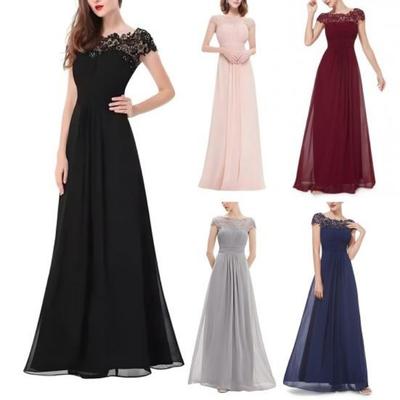 Elegant Chiffon Evening Gown Women Lace Bridesmaid Dress A Line Maxi Dress Ruched Cap Sleeve Round Neck Formal Wedding Guest Cocktail Party Prom Dress