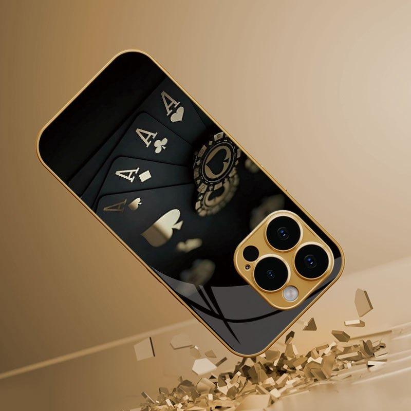 Black Card Gold Symbol Pattern Gold Metallic Paint Glass Phone Case For iPhone 17 Pro Max 11 12 13 14 15 16 Plus 17Air 16E Cover