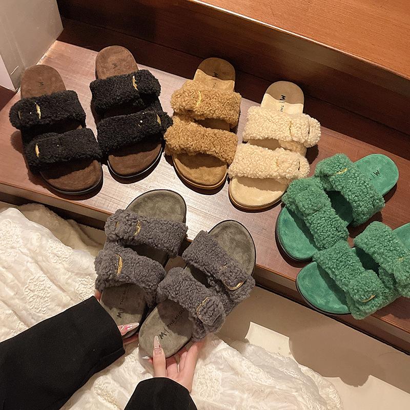 Muffin thick bottom one word fluffy slippers women wear 2025 autumn and winter new Internet celebrity fairy wind heightened plush half drag