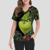 Women's Short Sleeved Christmas Printed V-neck Buttonable Side Slit Top T-shirt