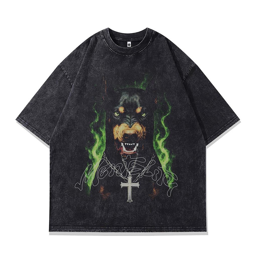 Summer Men'S Trendy Brand Short-Sleeved T-Shirt American High Street Vintage Doberman Print Fried Color T-Shirt