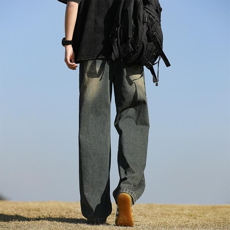 New 2025 Men's Student Four Seasons Washed Floor-Length Jeans Loose Straight Cut Retro Public Version Hong Kong Style