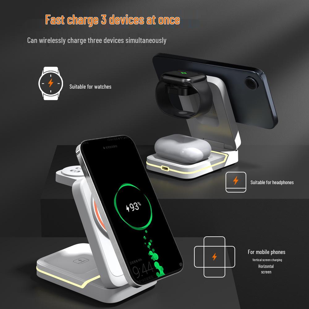 15W 3-in-1 Magnetic Wireless Charger Stand for Phone, Watch, Earbuds – Fast Charging, Portable, Foldable Desk Accessory