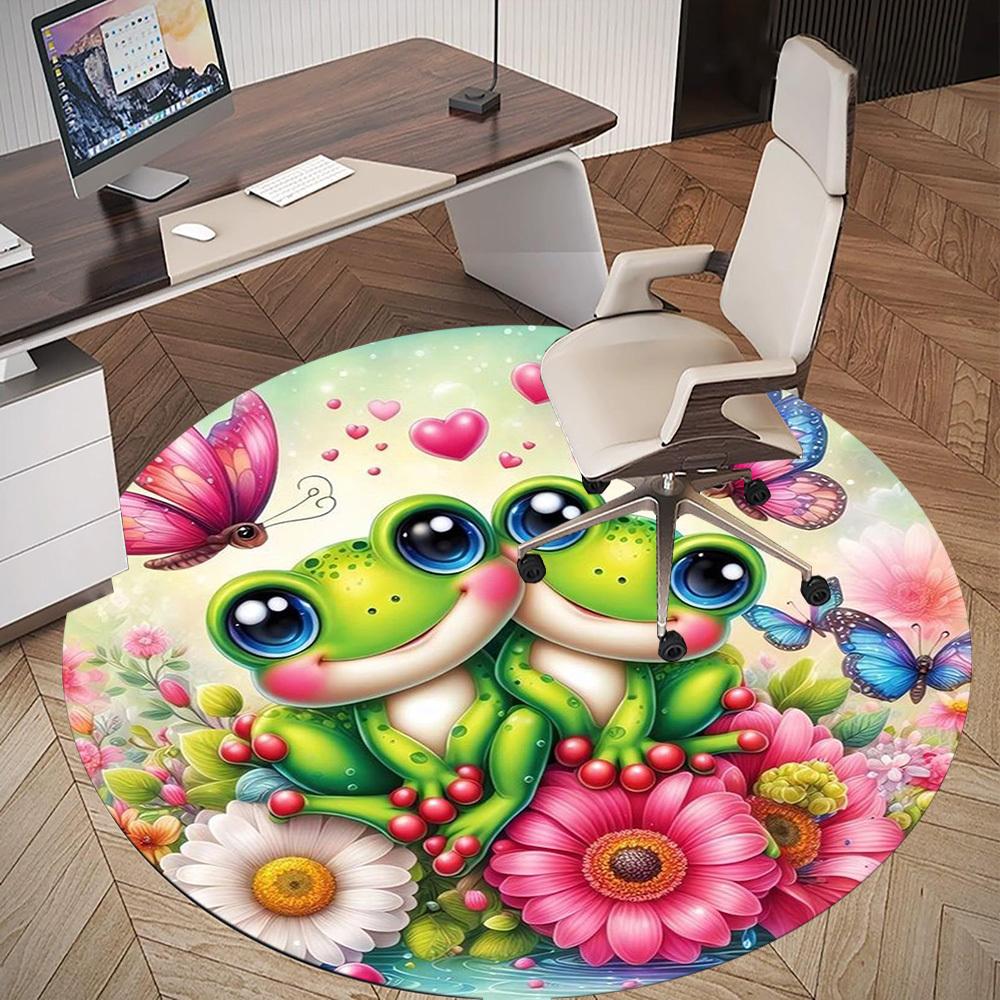 1PC Frogs Butterflies Flowers Round Chair Mat Area Rug - Non-Slip, Floor Mat for Office, Bedroom, Home Decor Christmas Gift C0528017