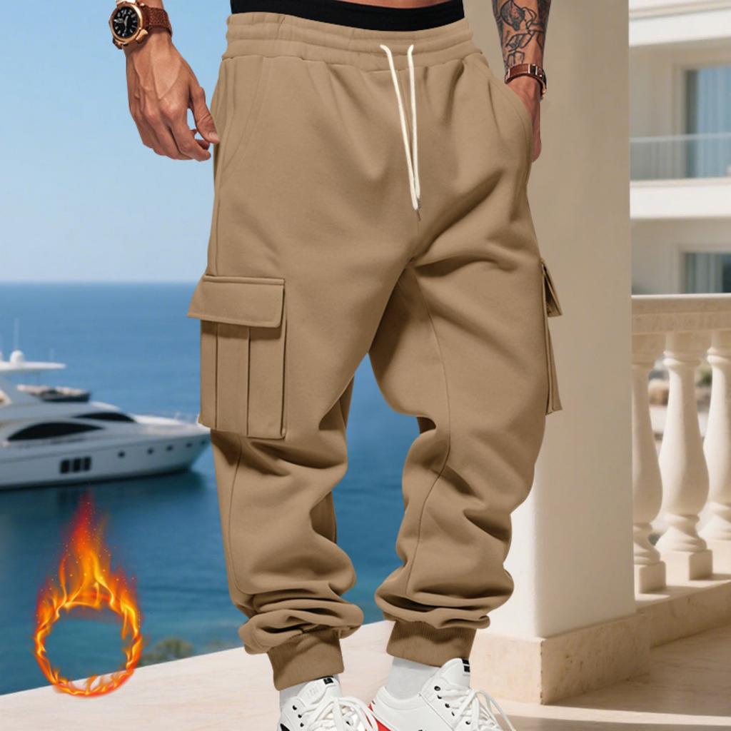 Men's Loose Fit Cargo Joggers - Thickened Warm Pants With Pockets,Casual Running Trousers
