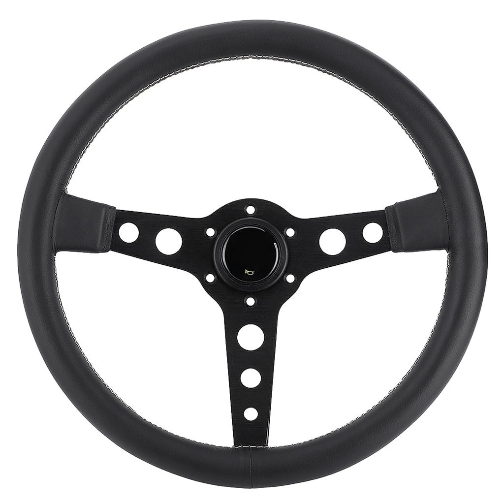 350mm 14in for MOMO Prototipo Style 6‑Bolt Black Leather Racing Steering Wheel Gray Stitching with Horn Button
