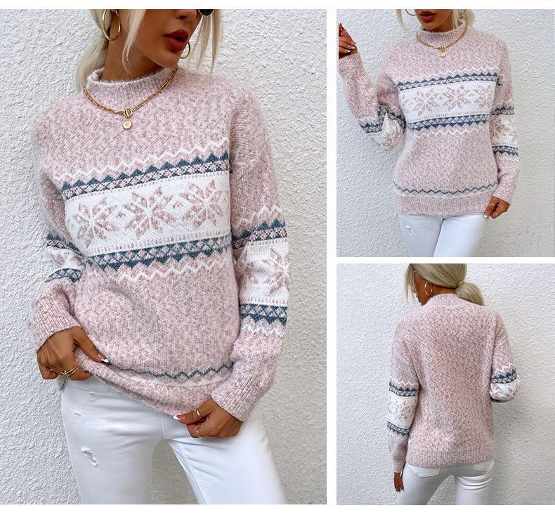 2024 Europäischer & Amerikanischer Damen Herbst/Winter Schneeflocken Halbhoher Kragen Pullover