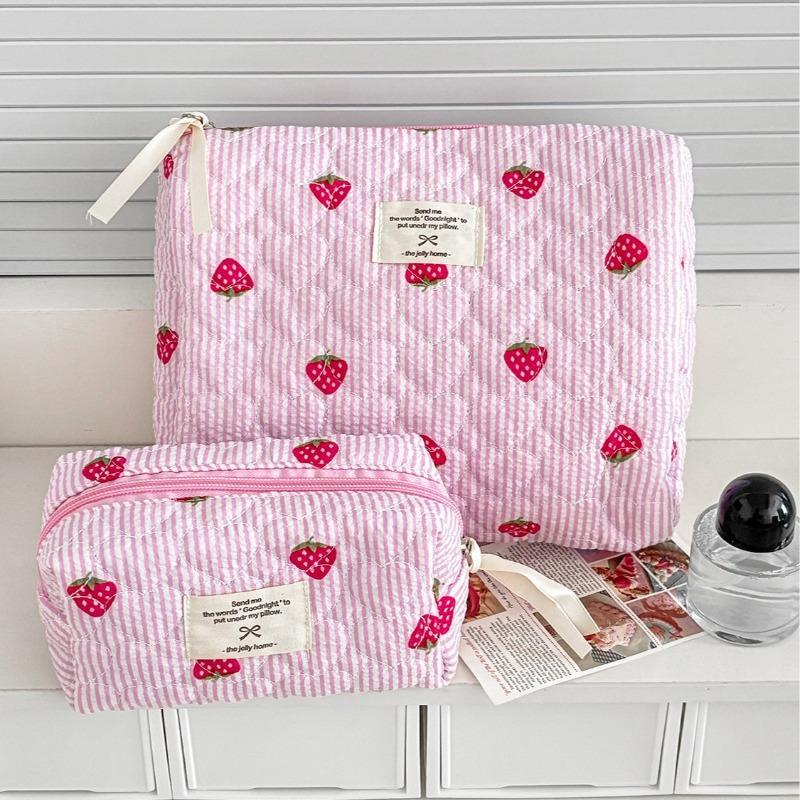Damen Kosmetiktasche gesteppt Niedlich Reißverschluss Rosa Erdbeere Reise-Organizer Kulturtasche Make-up Aufbewahrungstasche Handtasche Damen Reißverschlusstasche
