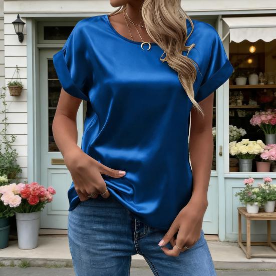 Women Satin Tops Casual Loose Short Sleeve Crew Neck Blouse Summer Silky Shirts Work Business Outfits