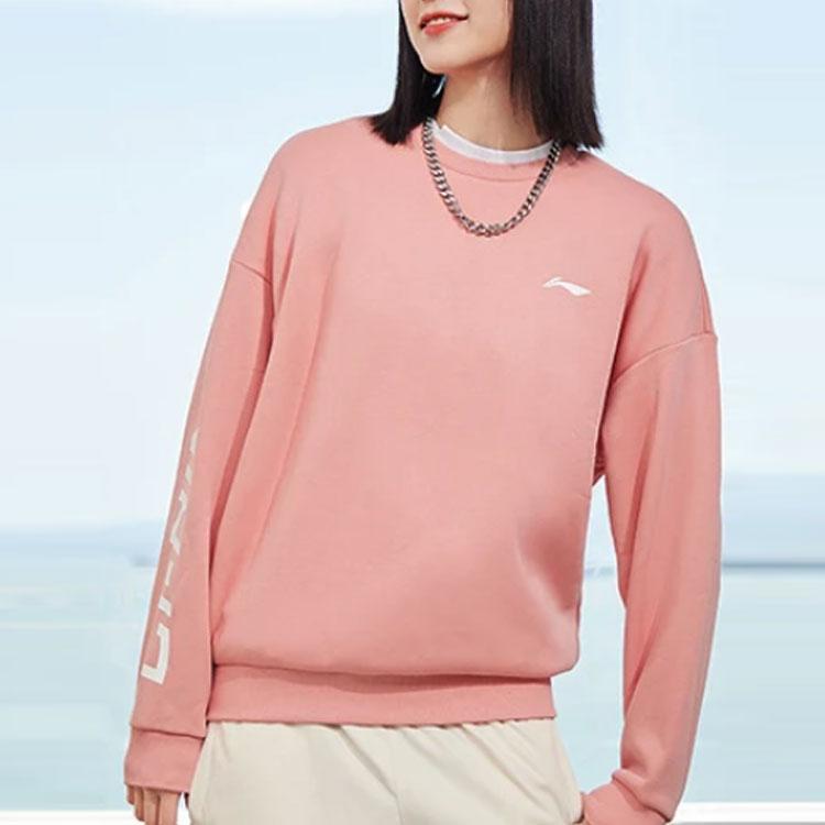 Li Ning Training Series Logo Print Warm Fleece Loose Pullover Sweatshirt Unisex sweatshirt Orange Pink AWDRF44-4