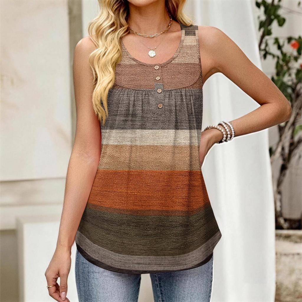 Women's New Fashion Retro Floral Striped Textured Print Round Neck Loose Casual Button-Down Sleeveless Vest Top