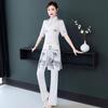 Spring/Summer Retro Ink Print Cheongsam & Trousers Zen Tea Suit - National Style Beauty Salon Workwear.