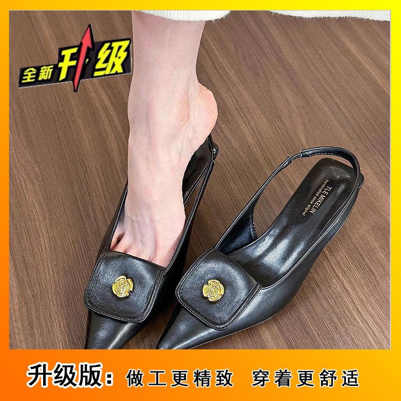 

2024 new spring and summer temperament fashionable versatile high-heeled women s sandals French black bag head sandals fairy shoes 35