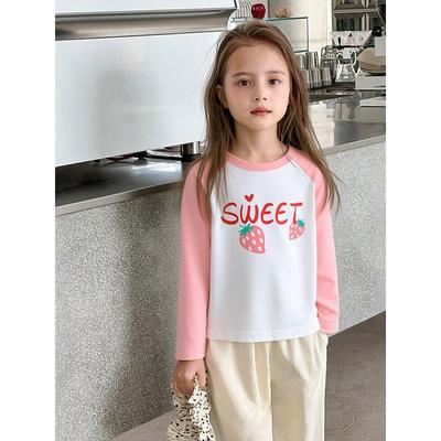 Korean Brand Children's Clothing 2026 Autumn New Girls' Pure Cotton T-Shirt Long-Sleeve Children's Base Shirt with Strawberry Print Ins