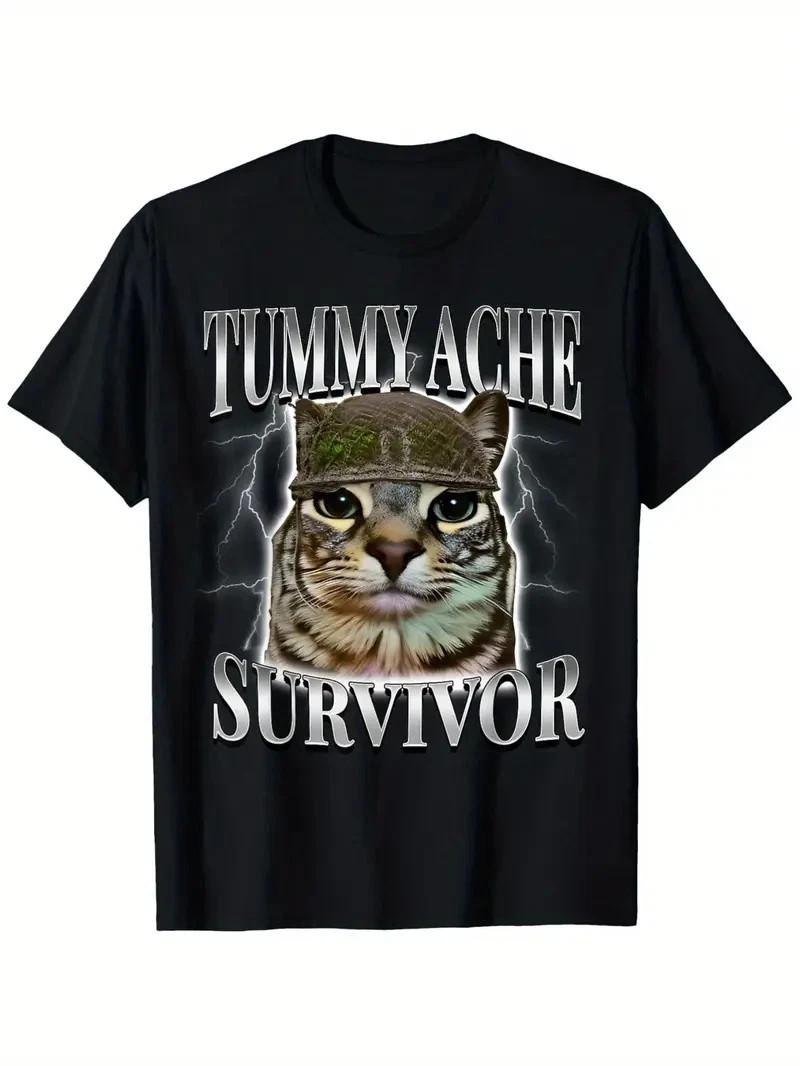 Funny Cat Meme Tummy Ache Survivor Sarcastic Humor T-Shirt for Men & Women S