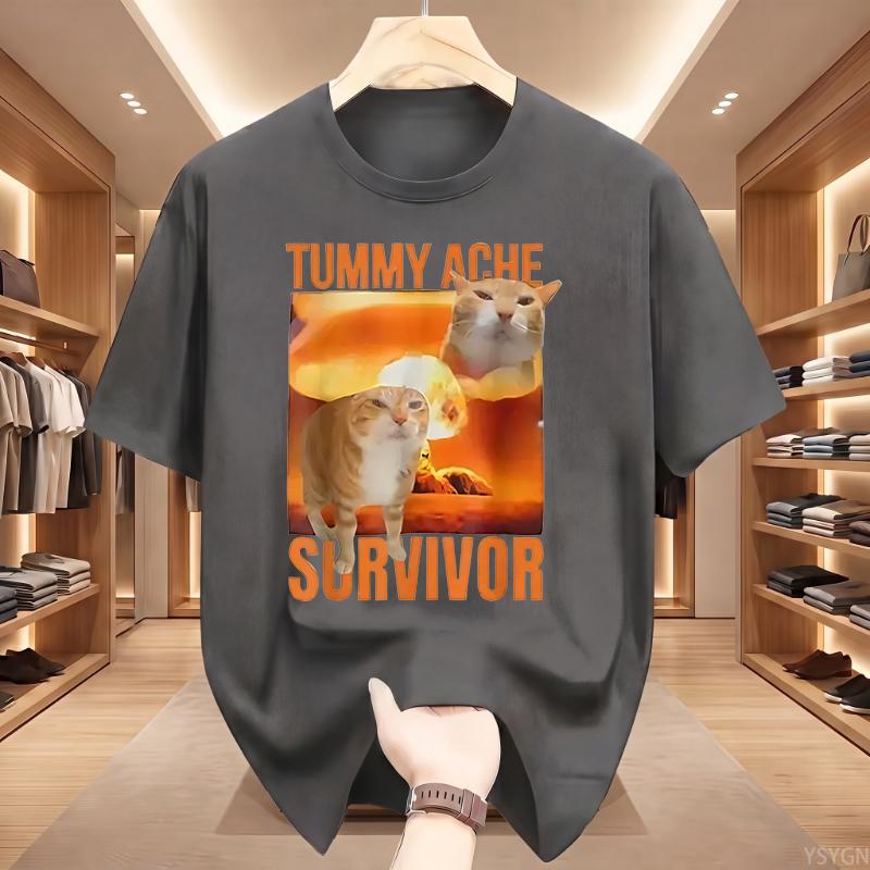 Tummy Ache Survivor Cat Funny Retro Casual Round Neck Pure Cotton Shortsleeved Tshirt Unisexs Summer Fashion Trend Breathable Top