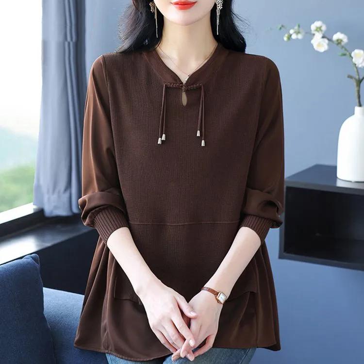 Women's Spring Autumn Patchwork Loose Plus Size Shirt Casual V-Neck Vintage Blouse