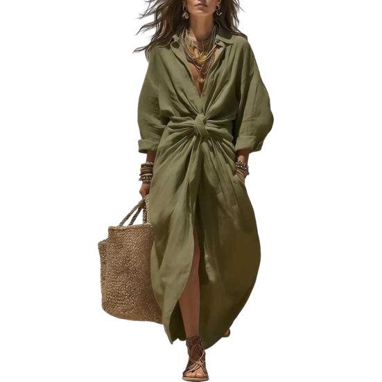 Maxi Shirt Dress for Women, V Neck Long Sleeve Ruffled Tie Waist Boho Long Dress, High Slit A-line Loose Flowy Dress with Pockets